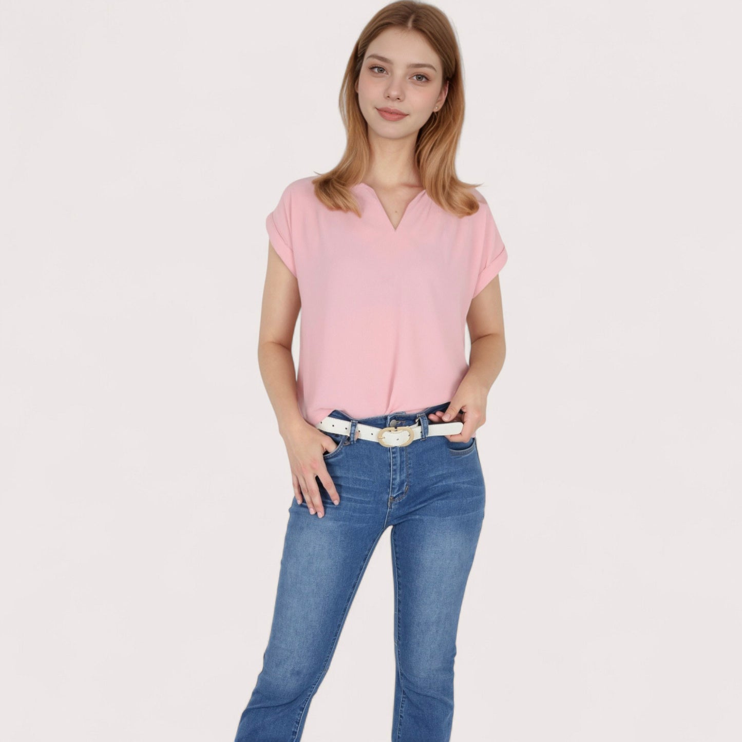 Women's V-Neck Short Sleeve Blouse with Rolled Cuffs and Soft Pleated Collar Detail - Small, Green