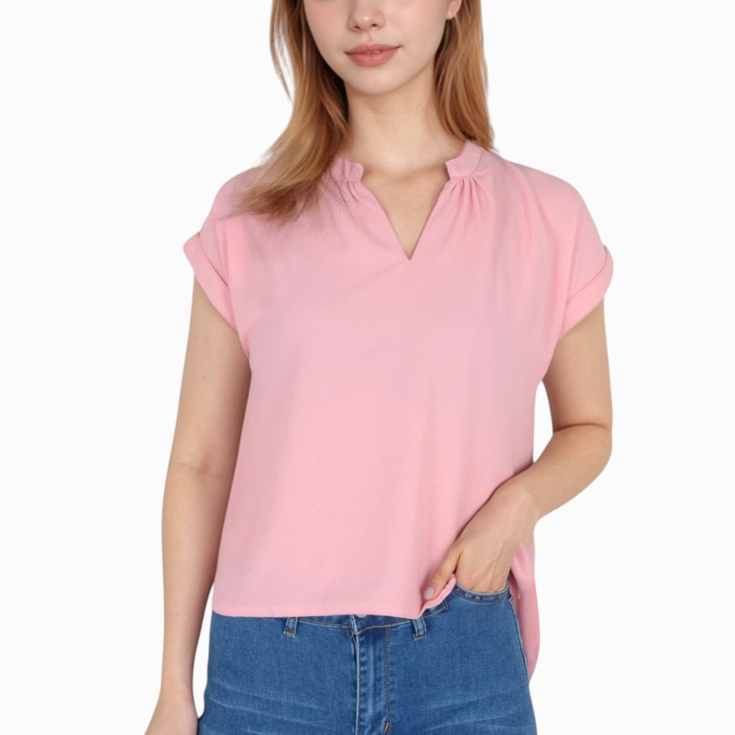 Women's V-Neck Short Sleeve Blouse with Rolled Cuffs and Soft Pleated Collar Detail - Small, Green