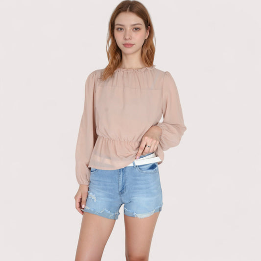 Women's Sheer Yoke Long Sleeve Blouse with Ruffle Neckline and Cinched Waist Detail - Small, Green