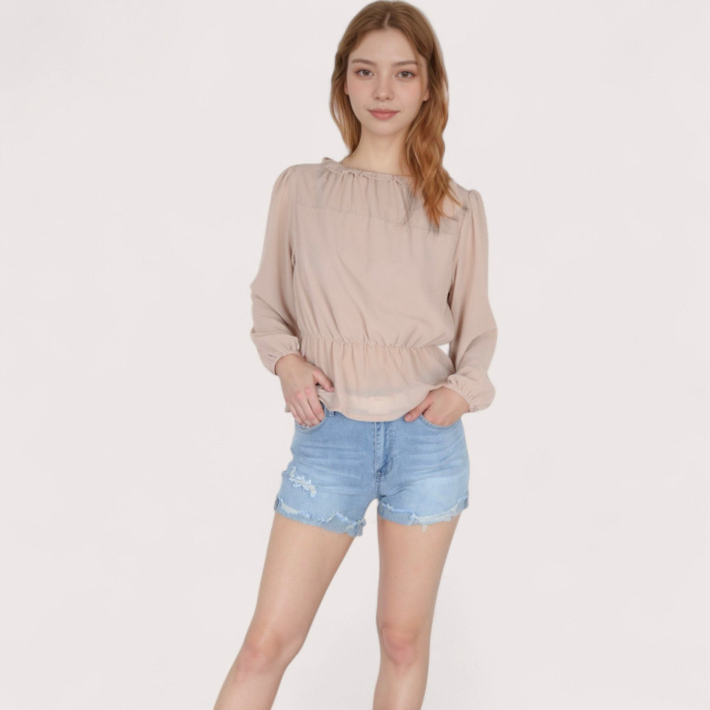 Women's Sheer Yoke Long Sleeve Blouse with Ruffle Neckline and Cinched Waist Detail - Small, Green