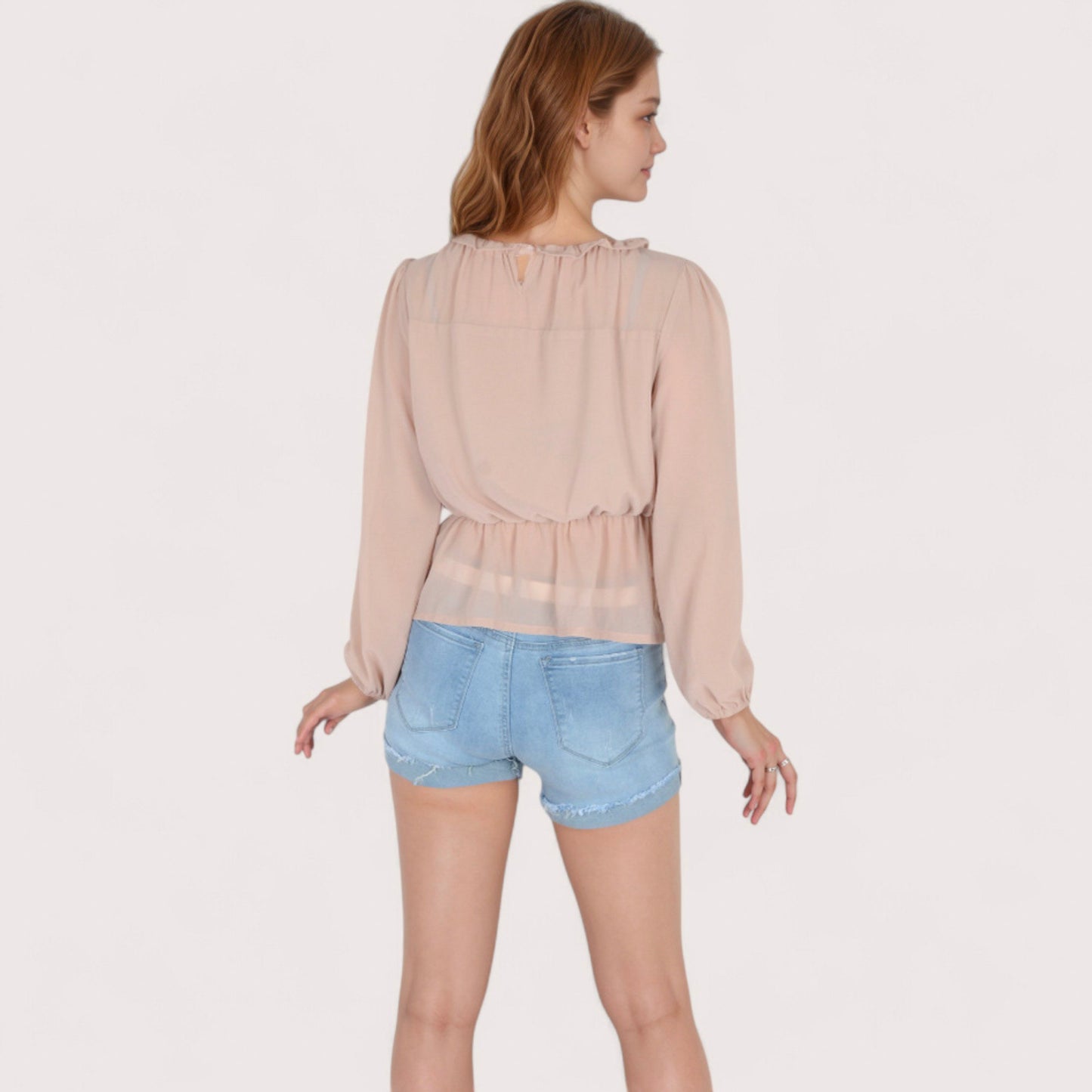 Women's Sheer Yoke Long Sleeve Blouse with Ruffle Neckline and Cinched Waist Detail - Small, Green