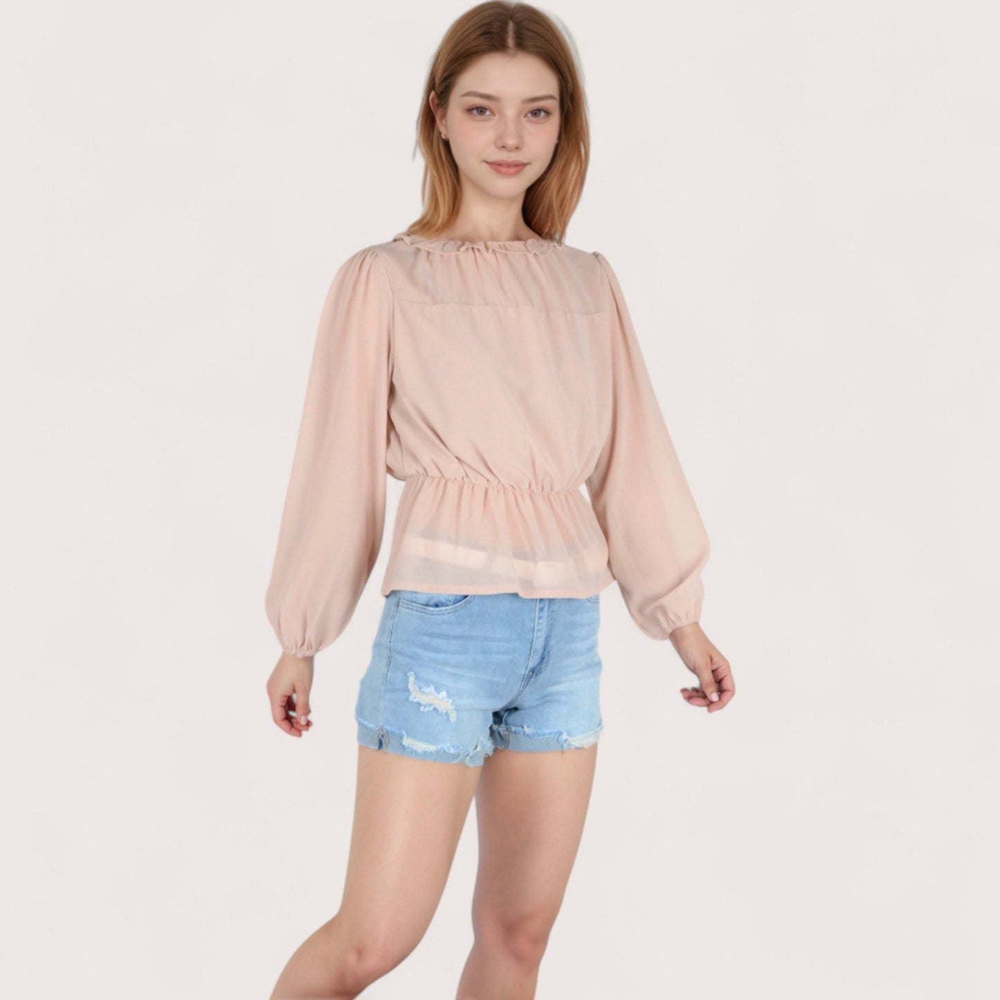 Women's Sheer Yoke Long Sleeve Blouse with Ruffle Neckline and Cinched Waist Detail - Small, Green