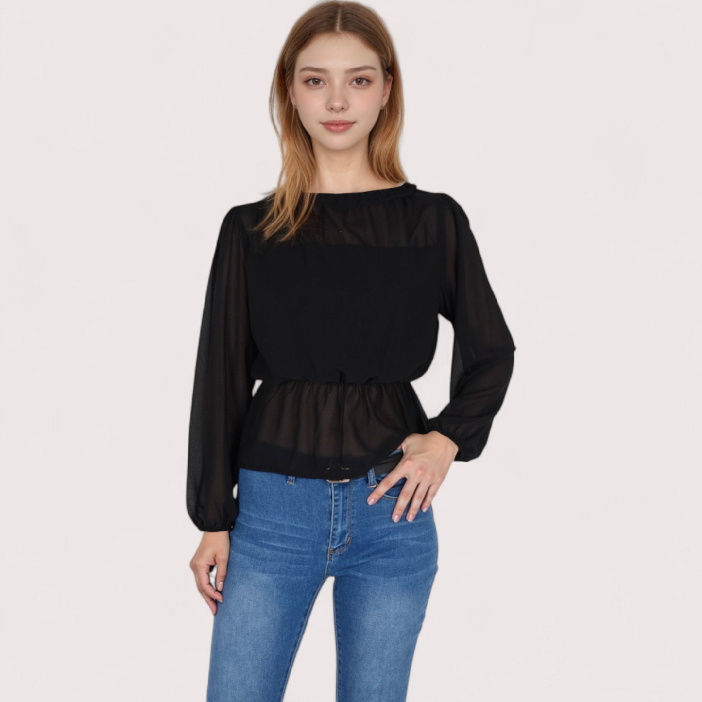 Women's Sheer Yoke Long Sleeve Blouse with Ruffle Neckline and Cinched Waist Detail - Small, Green