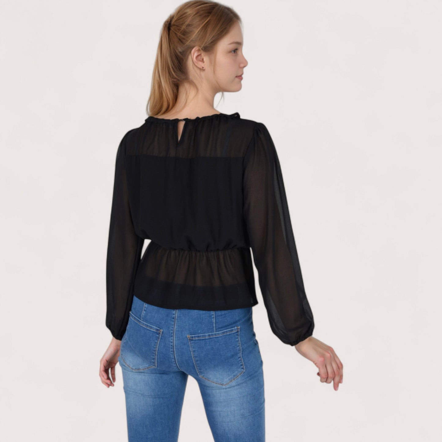 Women's Sheer Yoke Long Sleeve Blouse with Ruffle Neckline and Cinched Waist Detail - Small, Green