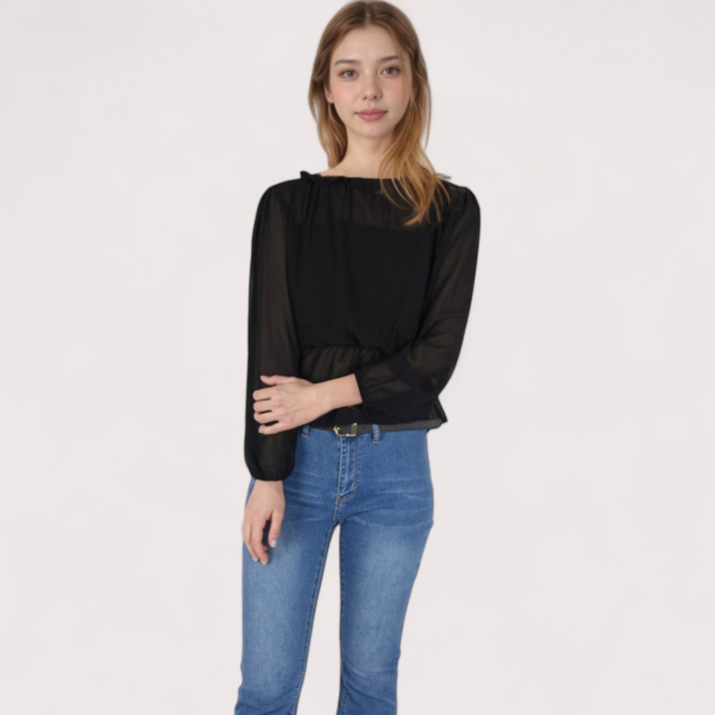 Women's Sheer Yoke Long Sleeve Blouse with Ruffle Neckline and Cinched Waist Detail - Small, Green