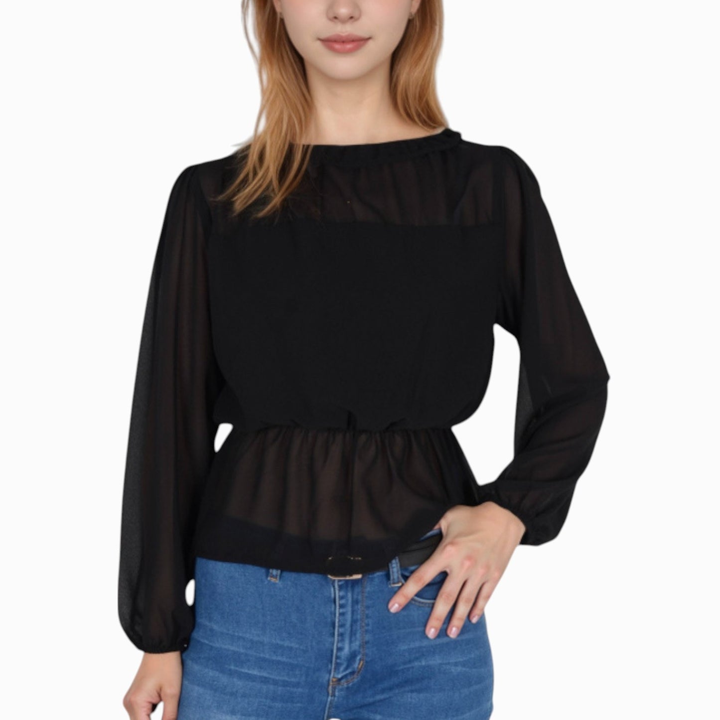 Women's Sheer Yoke Long Sleeve Blouse with Ruffle Neckline and Cinched Waist Detail - Small, Green