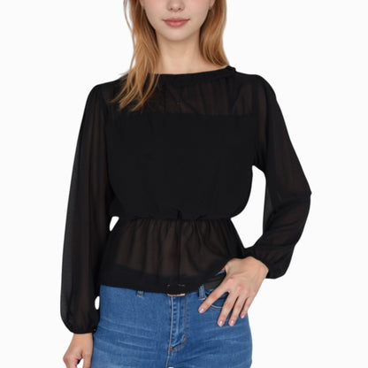 Women's Sheer Yoke Long Sleeve Blouse with Ruffle Neckline and Cinched Waist Detail - Small, Green