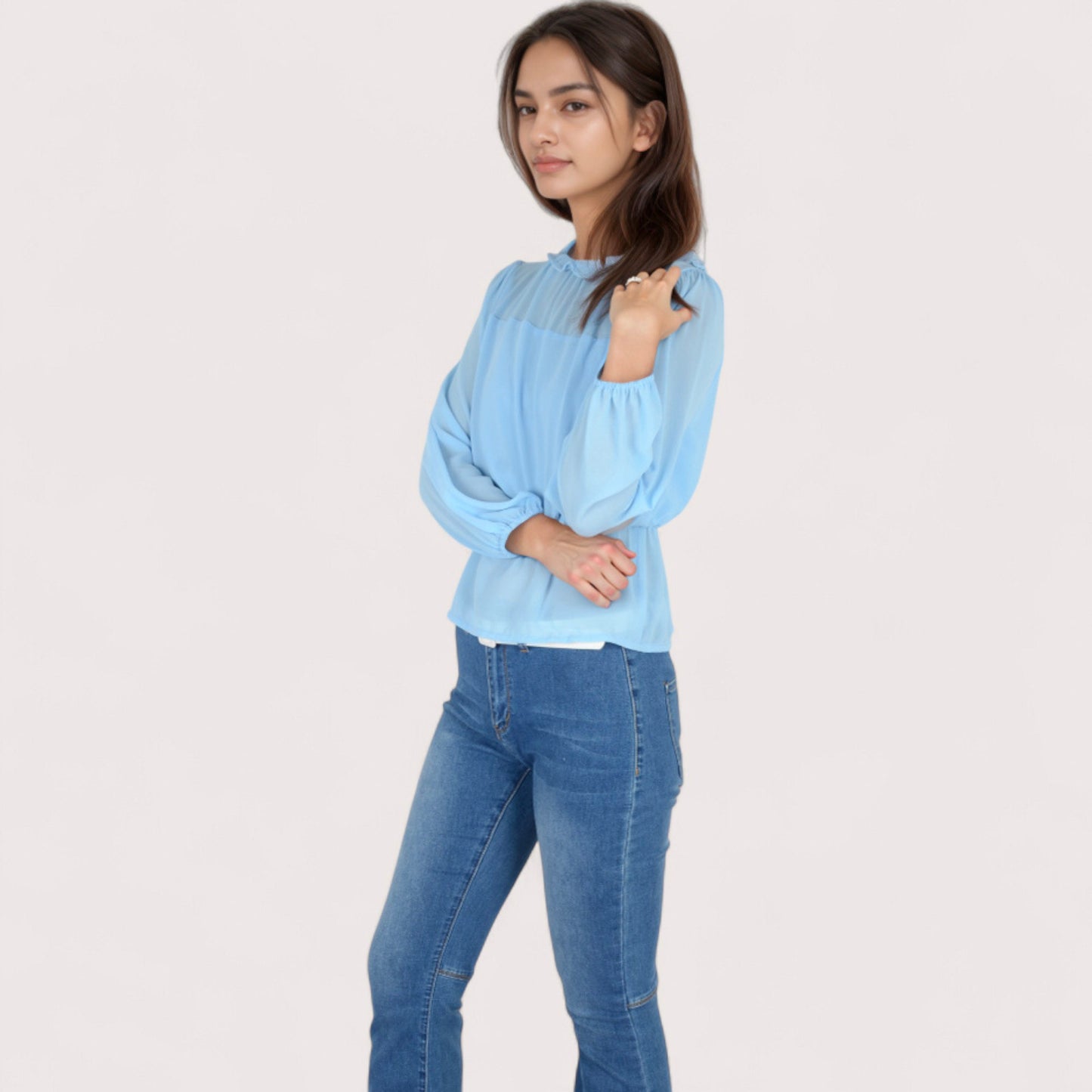 Women's Sheer Yoke Long Sleeve Blouse with Ruffle Neckline and Cinched Waist Detail - Small, Green