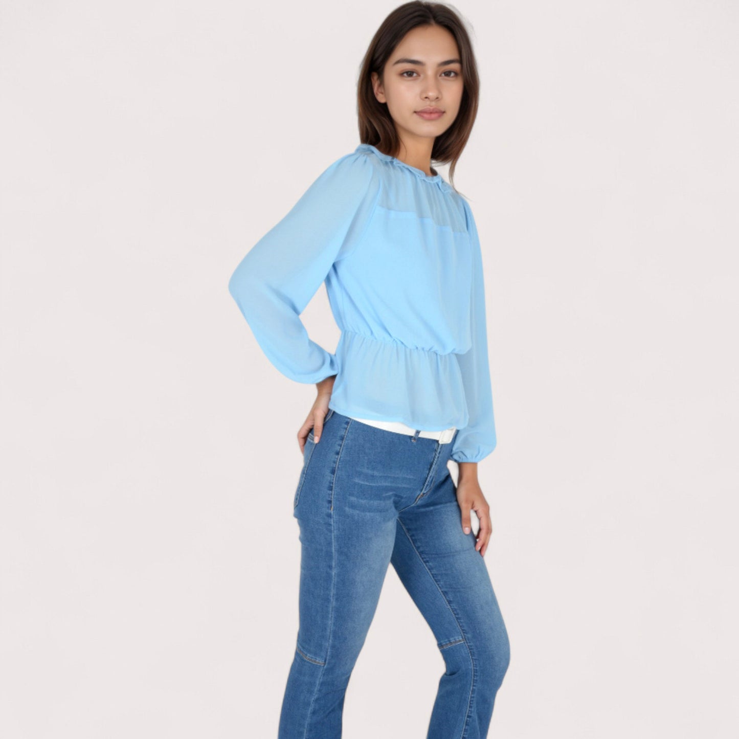 Women's Sheer Yoke Long Sleeve Blouse with Ruffle Neckline and Cinched Waist Detail - Small, Green