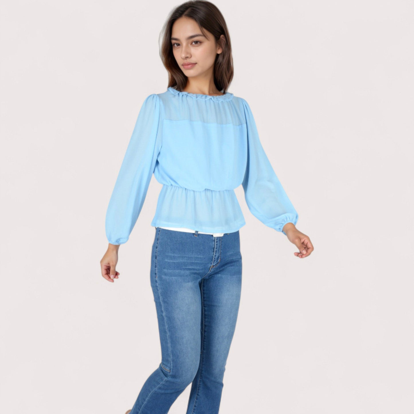 Women's Sheer Yoke Long Sleeve Blouse with Ruffle Neckline and Cinched Waist Detail - Small, Green