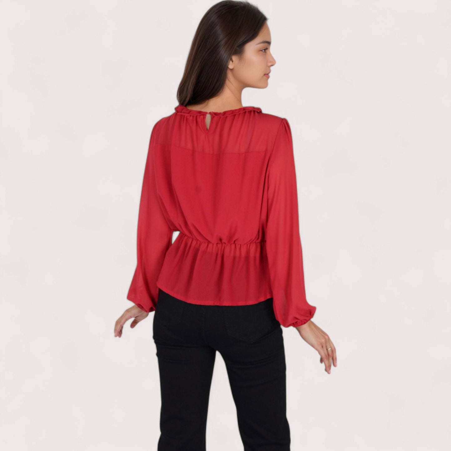 Women's Sheer Yoke Long Sleeve Blouse with Ruffle Neckline and Cinched Waist Detail - Small, Green