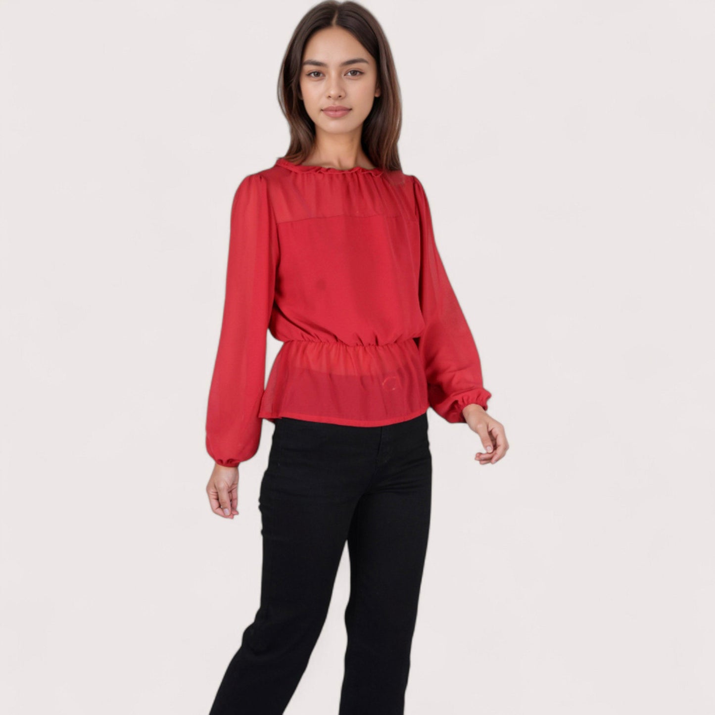 Women's Sheer Yoke Long Sleeve Blouse with Ruffle Neckline and Cinched Waist Detail - Small, Green