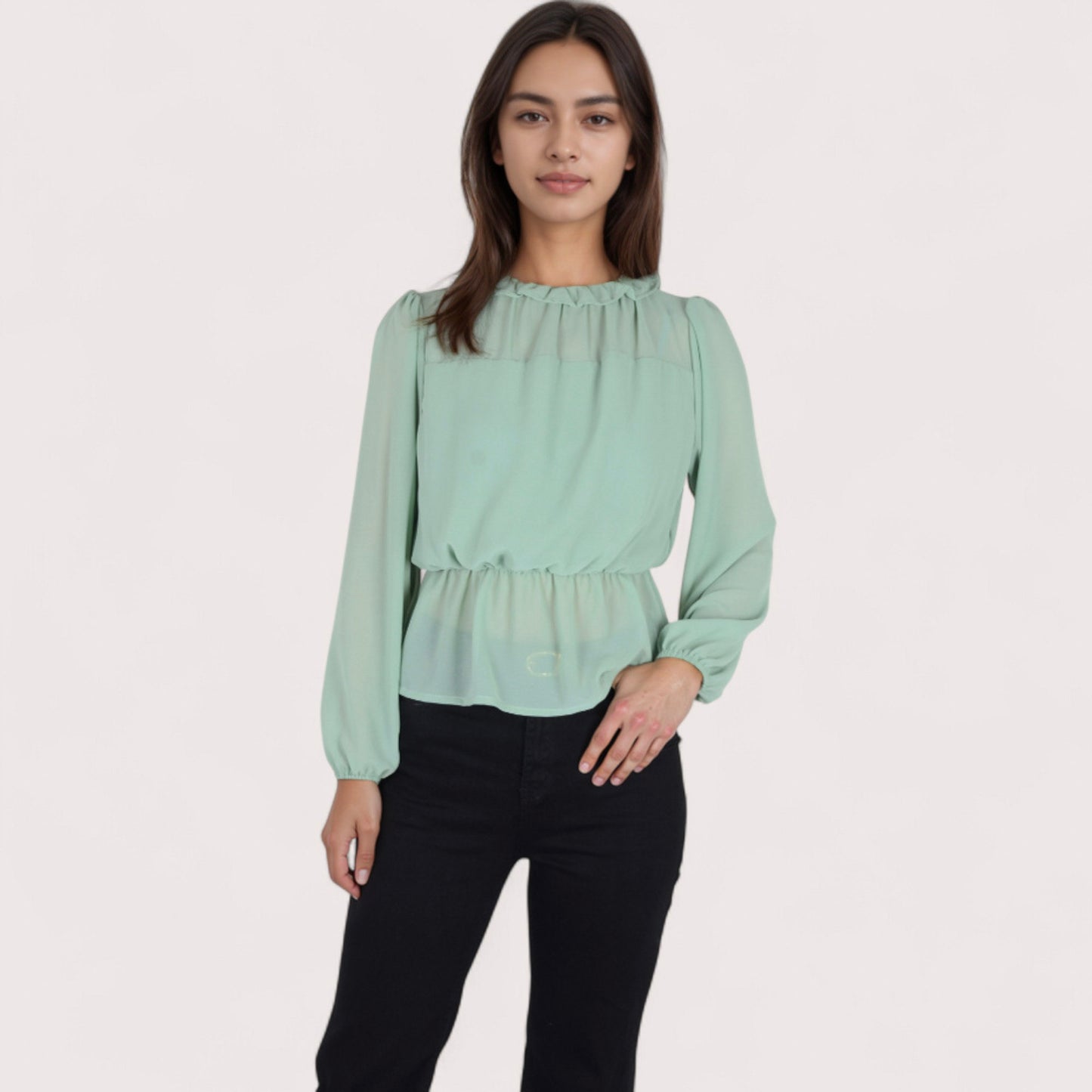 Women's Sheer Yoke Long Sleeve Blouse with Ruffle Neckline and Cinched Waist Detail - Small, Green