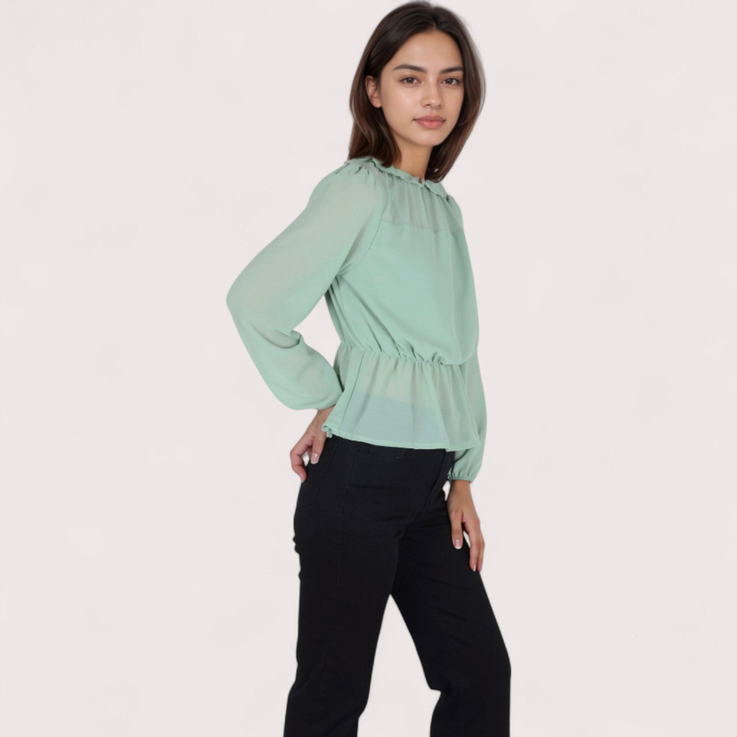 Women's Sheer Yoke Long Sleeve Blouse with Ruffle Neckline and Cinched Waist Detail - Small, Green