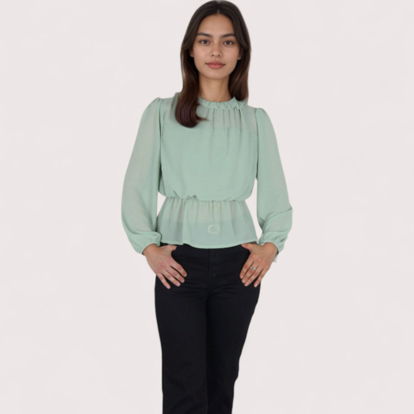Women's Sheer Yoke Long Sleeve Blouse with Ruffle Neckline and Cinched Waist Detail - Small, Green