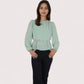 Women's Sheer Yoke Long Sleeve Blouse with Ruffle Neckline and Cinched Waist Detail - Small, Green