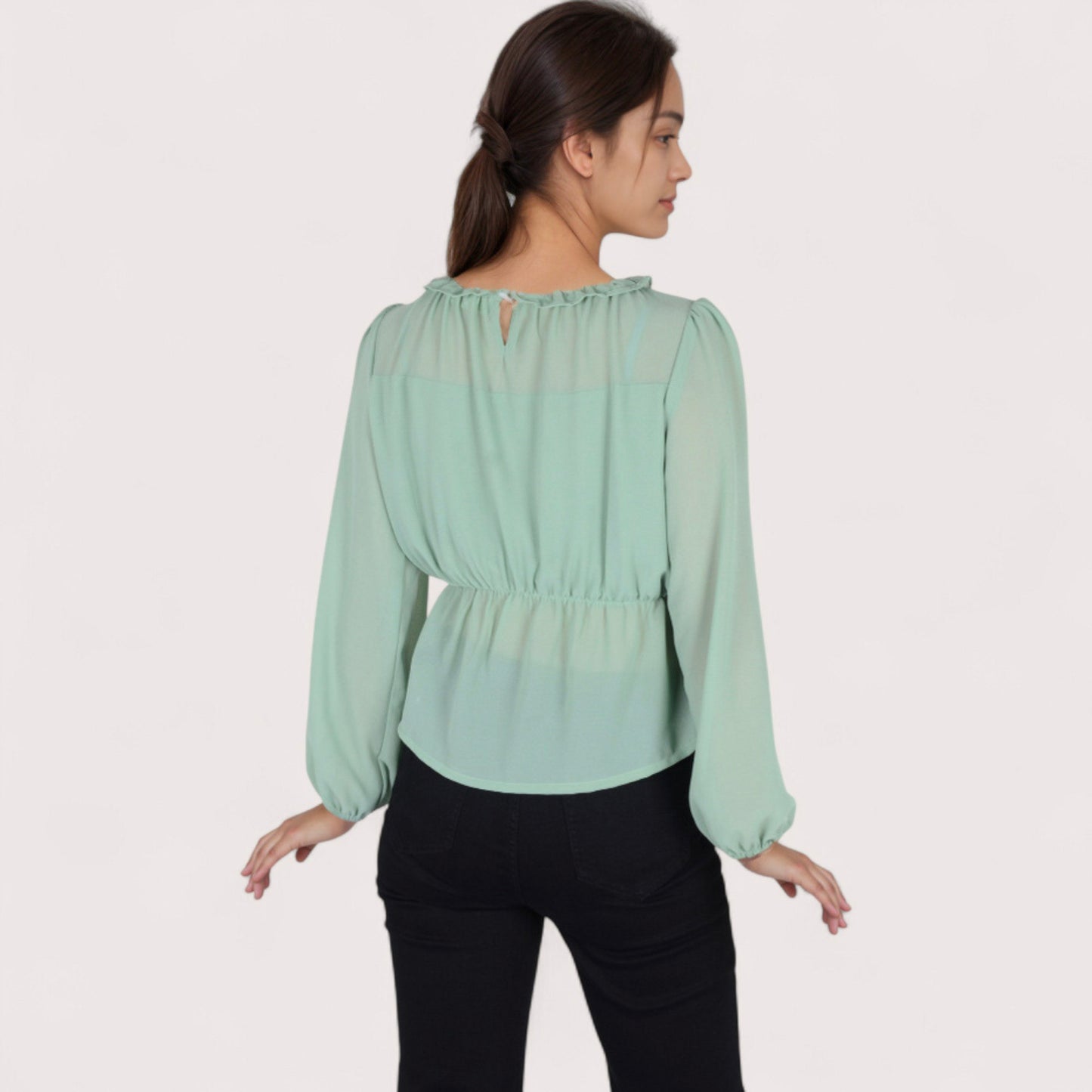 Women's Sheer Yoke Long Sleeve Blouse with Ruffle Neckline and Cinched Waist Detail - Small, Green