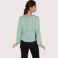Women's Sheer Yoke Long Sleeve Blouse with Ruffle Neckline and Cinched Waist Detail - Small, Green
