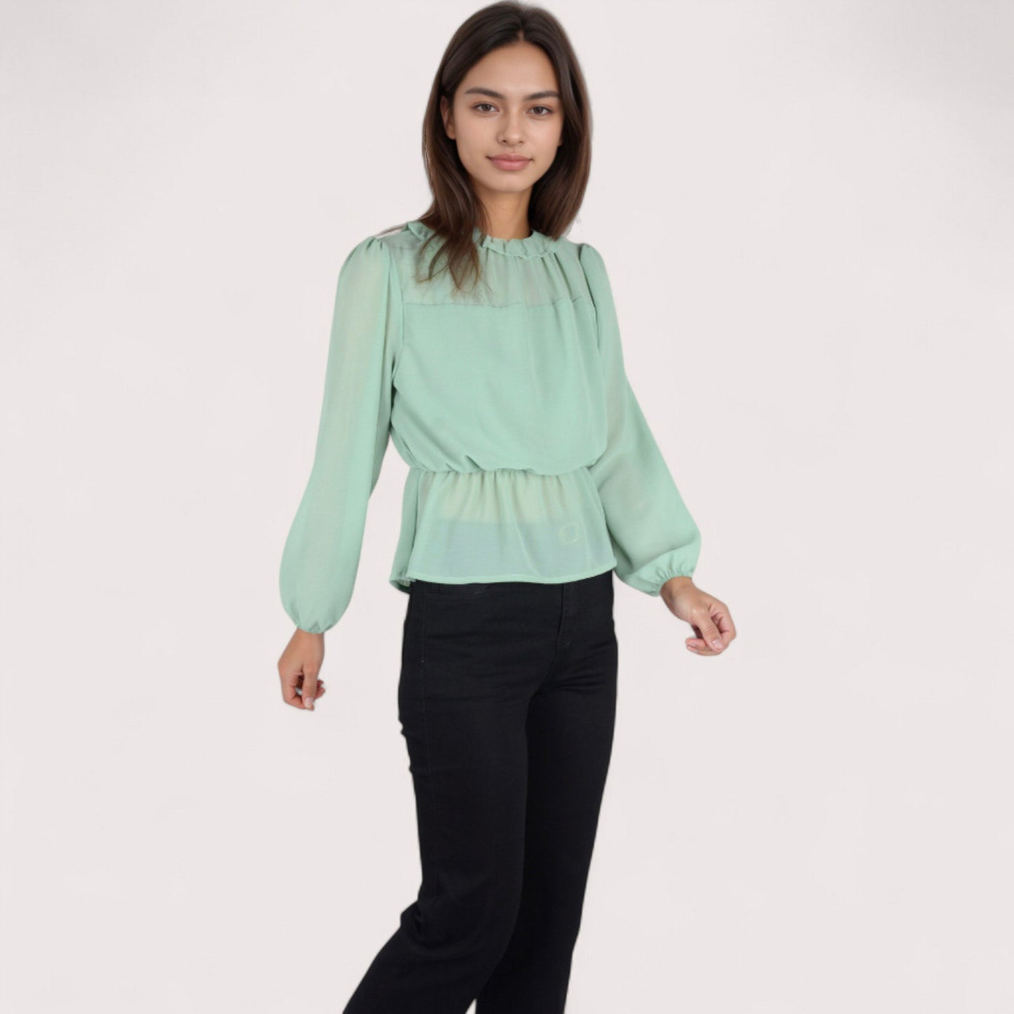 Women's Sheer Yoke Long Sleeve Blouse with Ruffle Neckline and Cinched Waist Detail - Small, Green