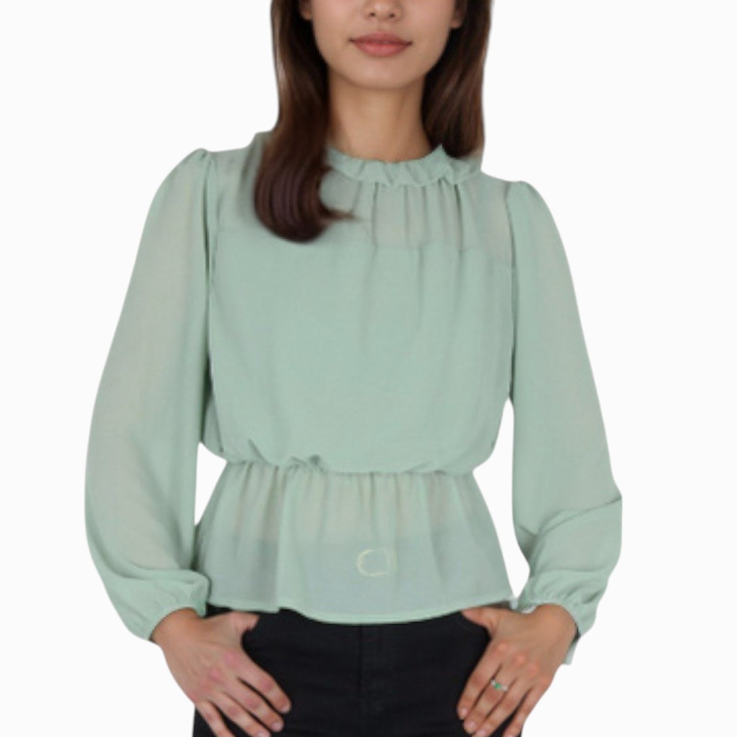 Women's Sheer Yoke Long Sleeve Blouse with Ruffle Neckline and Cinched Waist Detail - Small, Green
