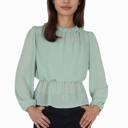 Women's Sheer Yoke Long Sleeve Blouse with Ruffle Neckline and Cinched Waist Detail - Small, Green