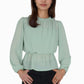 Women's Sheer Yoke Long Sleeve Blouse with Ruffle Neckline and Cinched Waist Detail - Small, Green
