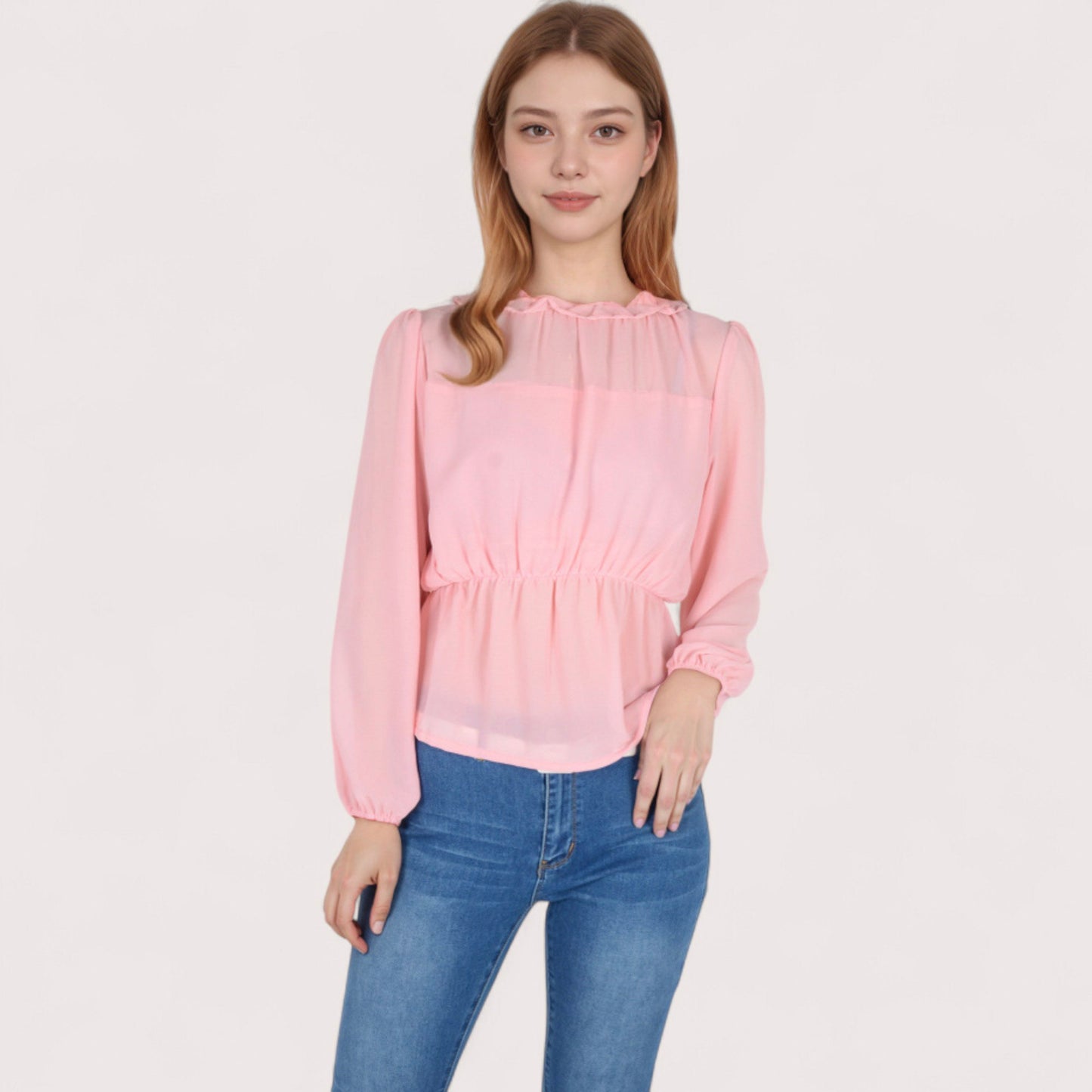 Women's Sheer Yoke Long Sleeve Blouse with Ruffle Neckline and Cinched Waist Detail - Small, Green