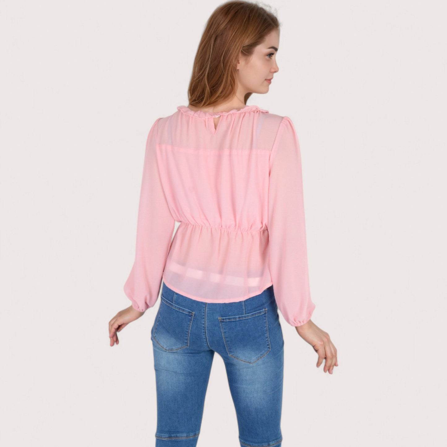 Women's Sheer Yoke Long Sleeve Blouse with Ruffle Neckline and Cinched Waist Detail - Small, Green