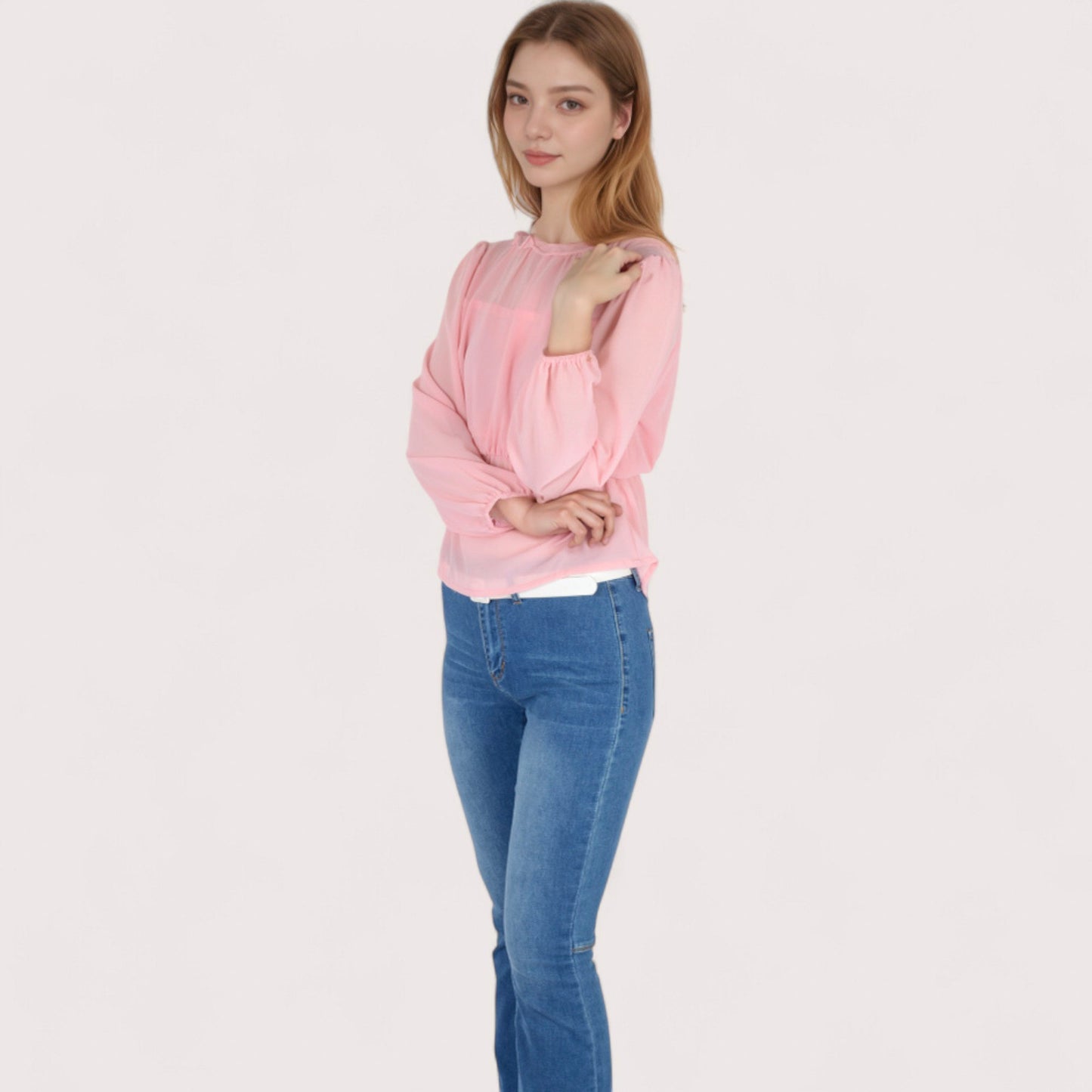 Women's Sheer Yoke Long Sleeve Blouse with Ruffle Neckline and Cinched Waist Detail - Small, Green