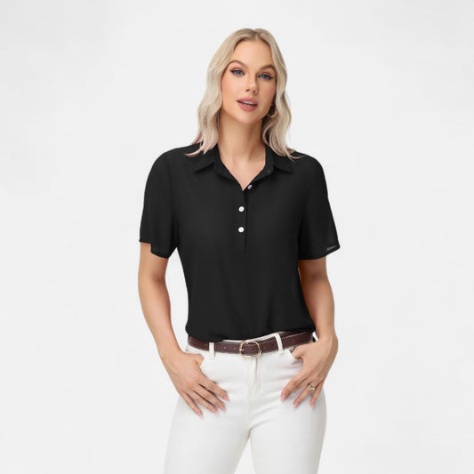 Short Sleeve Collared Blouse with Button Placket and Relaxed Fit Design
