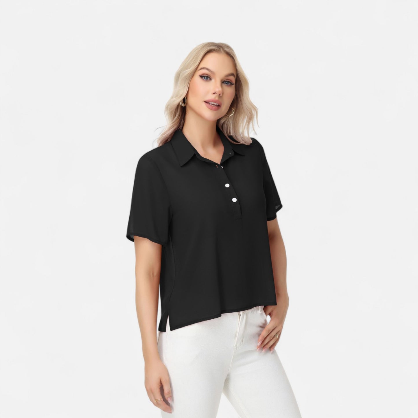 Short Sleeve Collared Blouse with Button Placket and Relaxed Fit Design