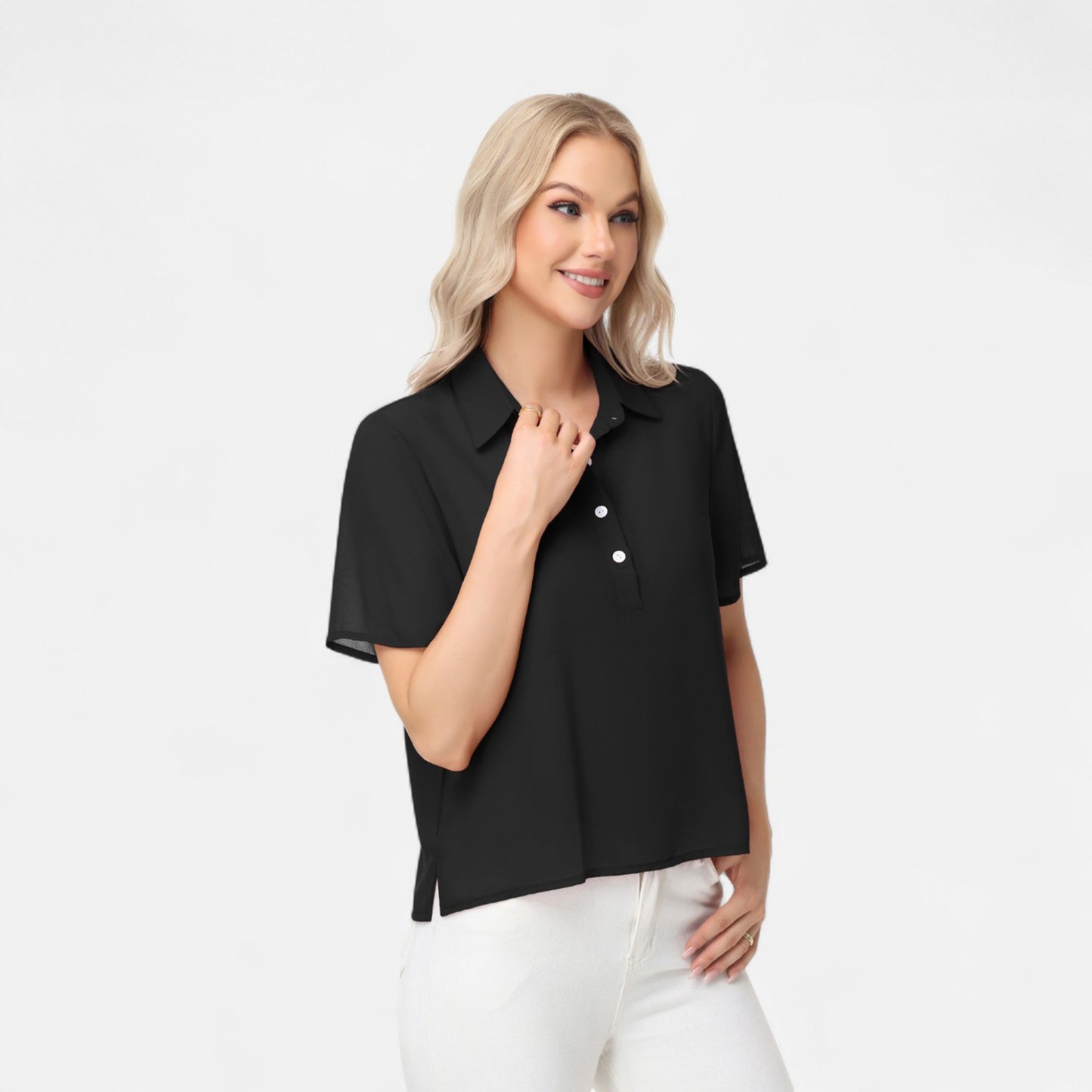 Short Sleeve Collared Blouse with Button Placket and Relaxed Fit Design
