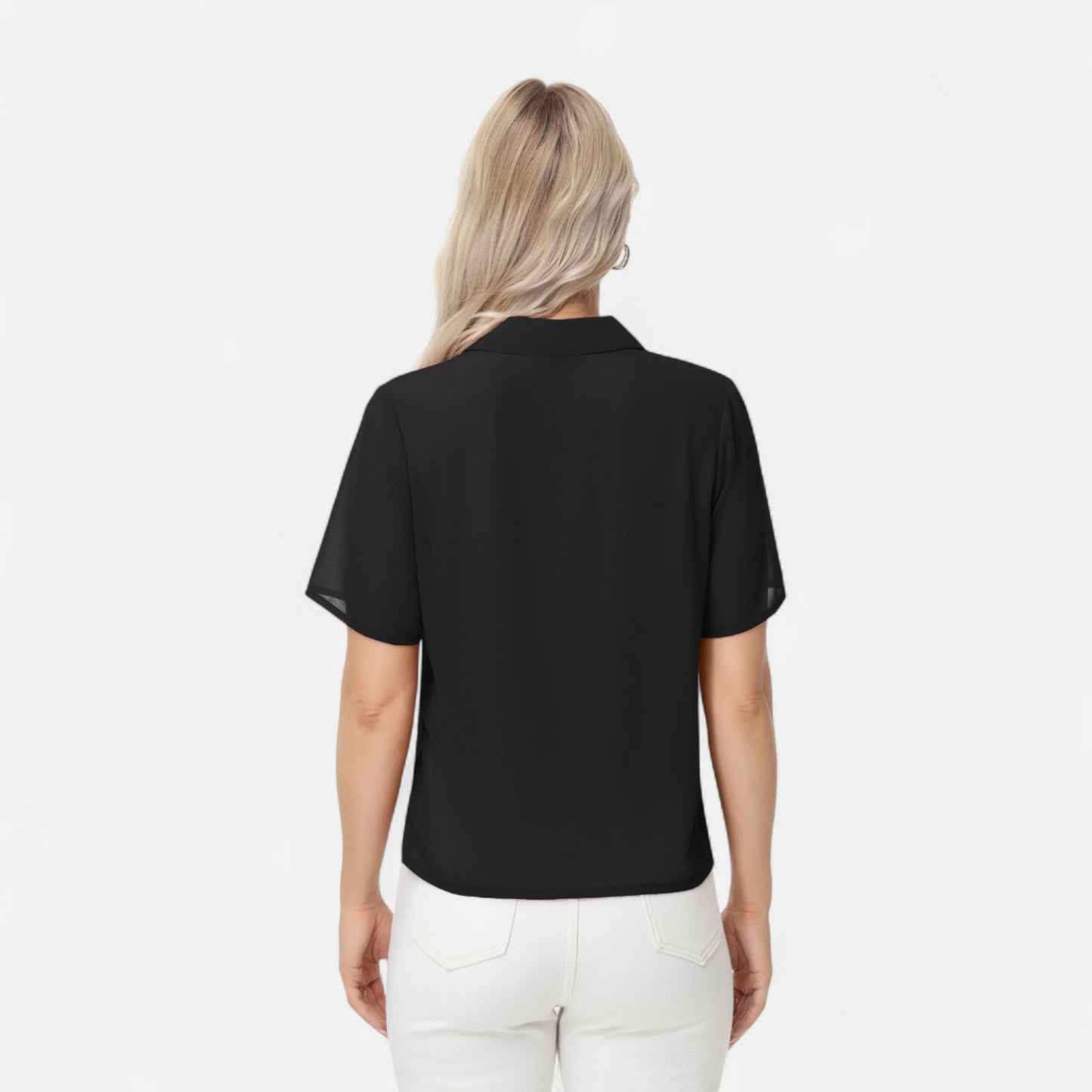 Short Sleeve Collared Blouse with Button Placket and Relaxed Fit Design