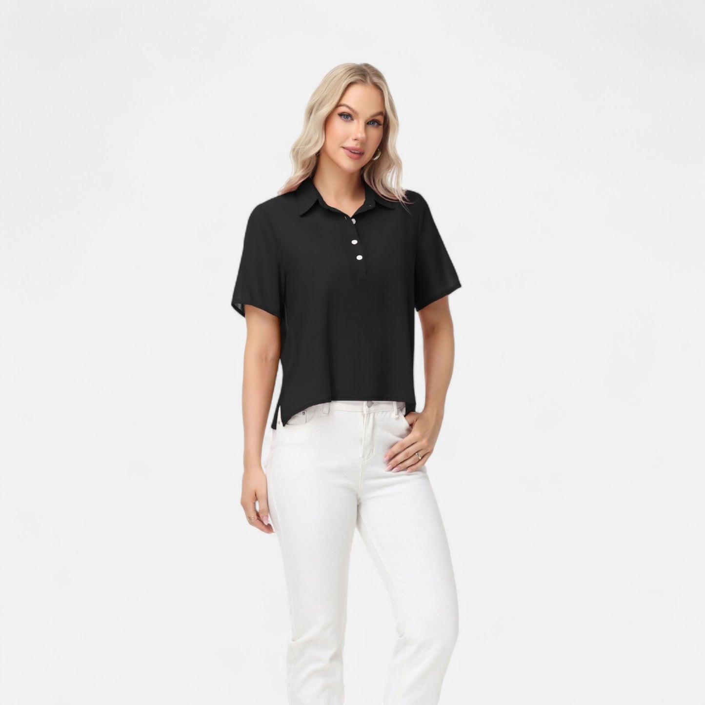 Short Sleeve Collared Blouse with Button Placket and Relaxed Fit Design