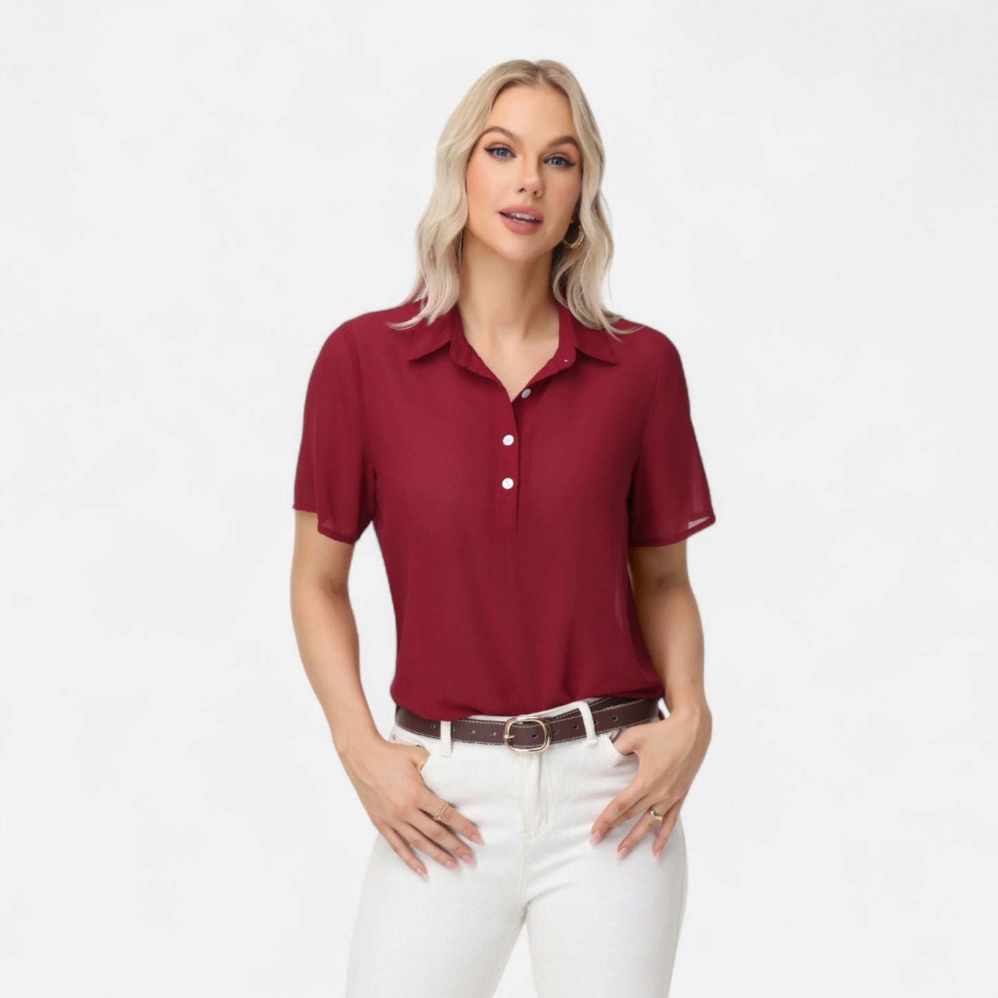 Short Sleeve Collared Blouse with Button Placket and Relaxed Fit Design