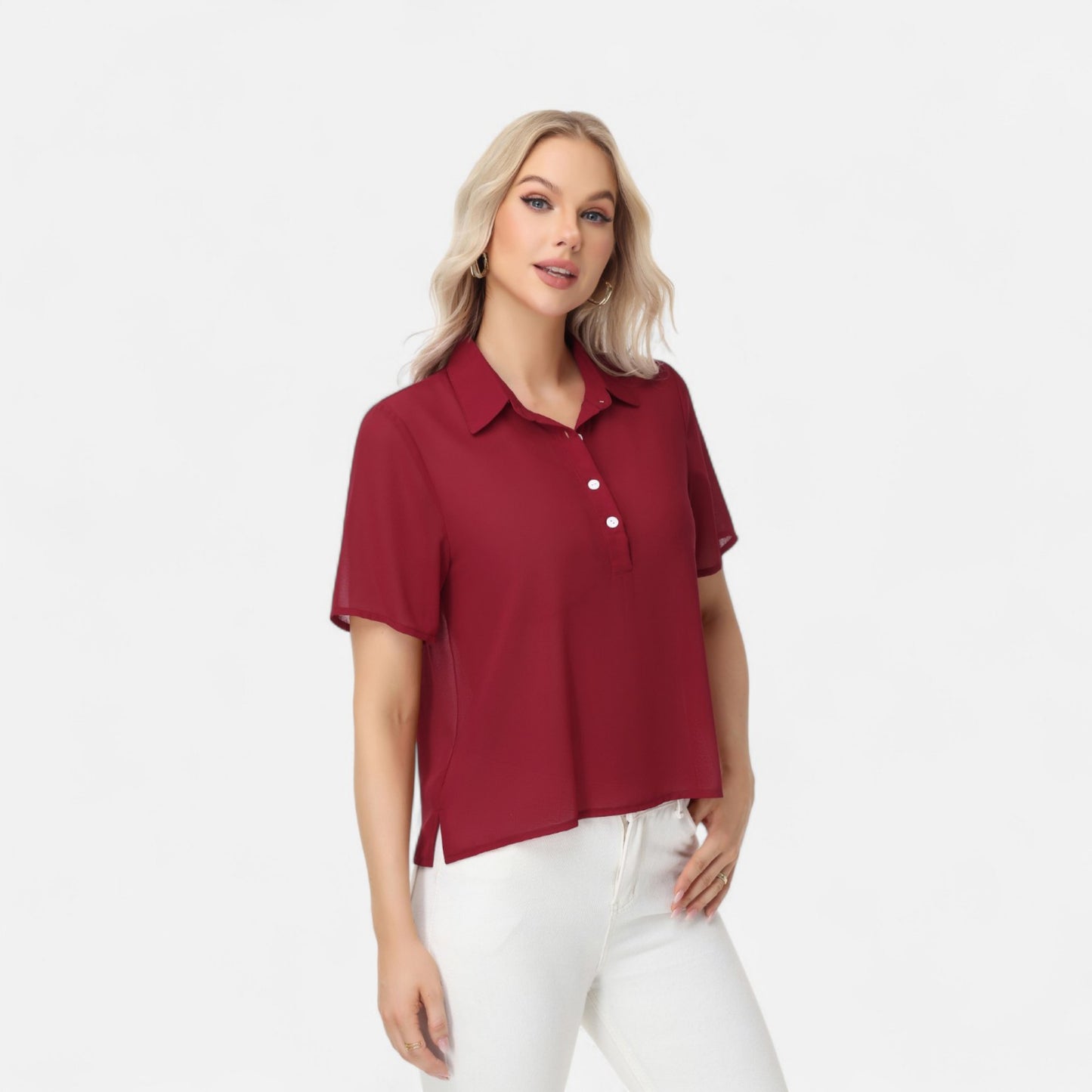 Short Sleeve Collared Blouse with Button Placket and Relaxed Fit Design