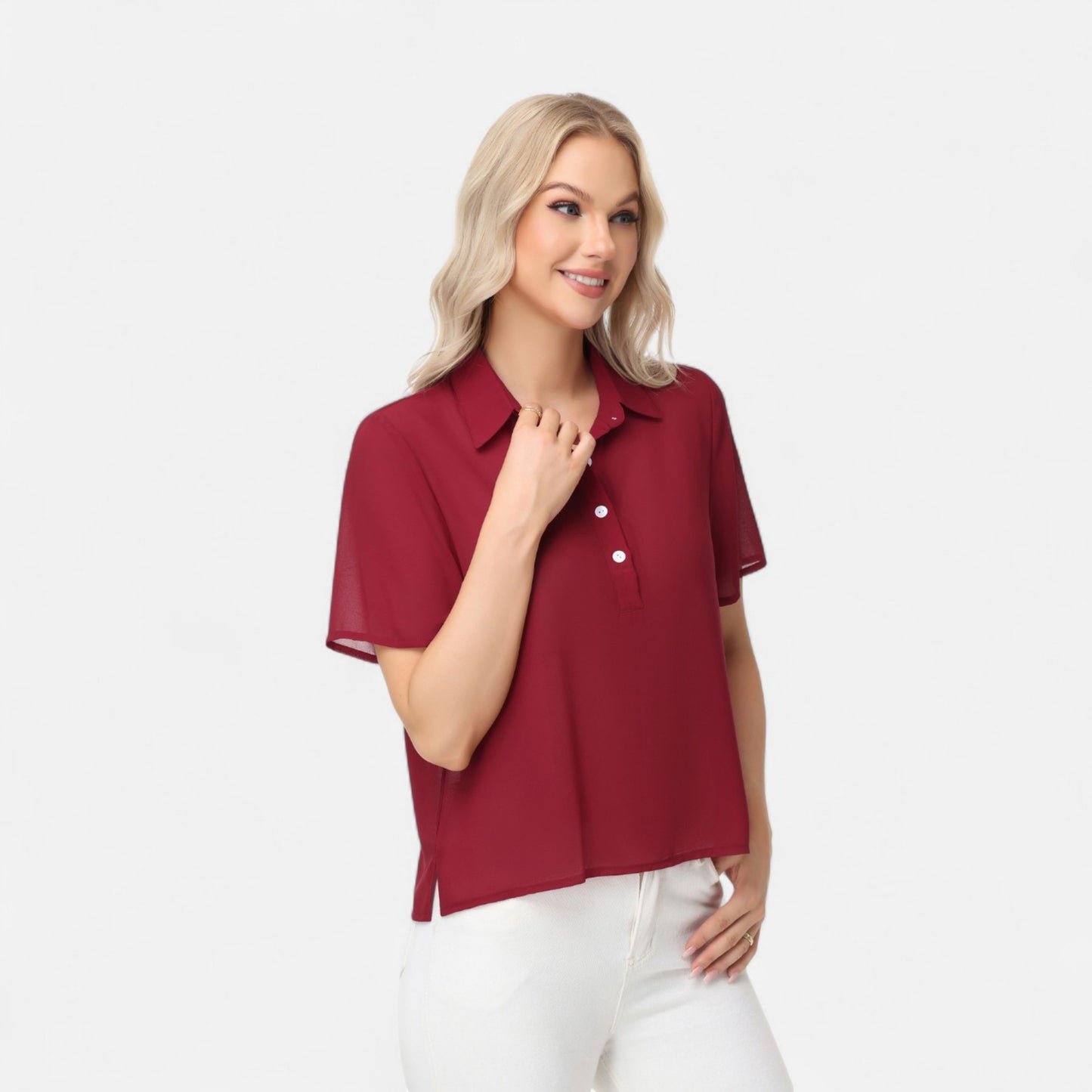Short Sleeve Collared Blouse with Button Placket and Relaxed Fit Design