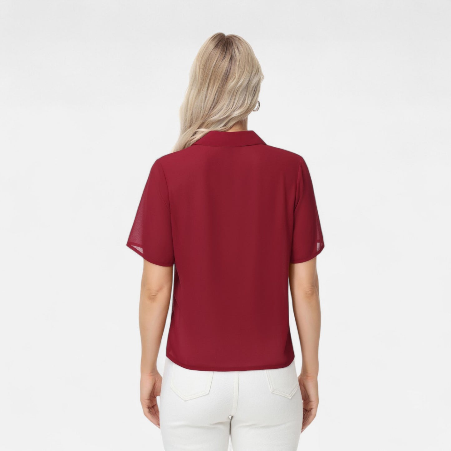 Short Sleeve Collared Blouse with Button Placket and Relaxed Fit Design