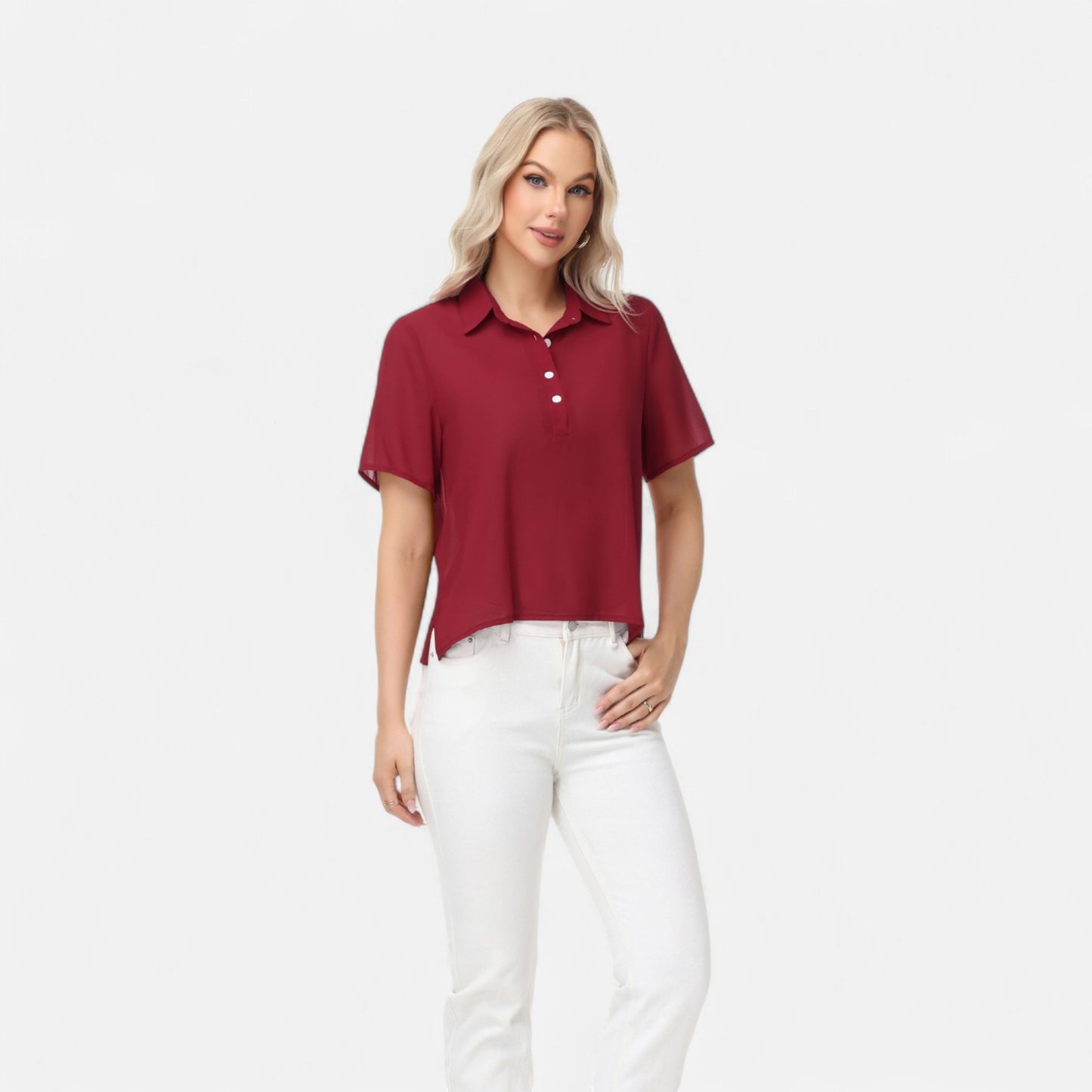 Short Sleeve Collared Blouse with Button Placket and Relaxed Fit Design
