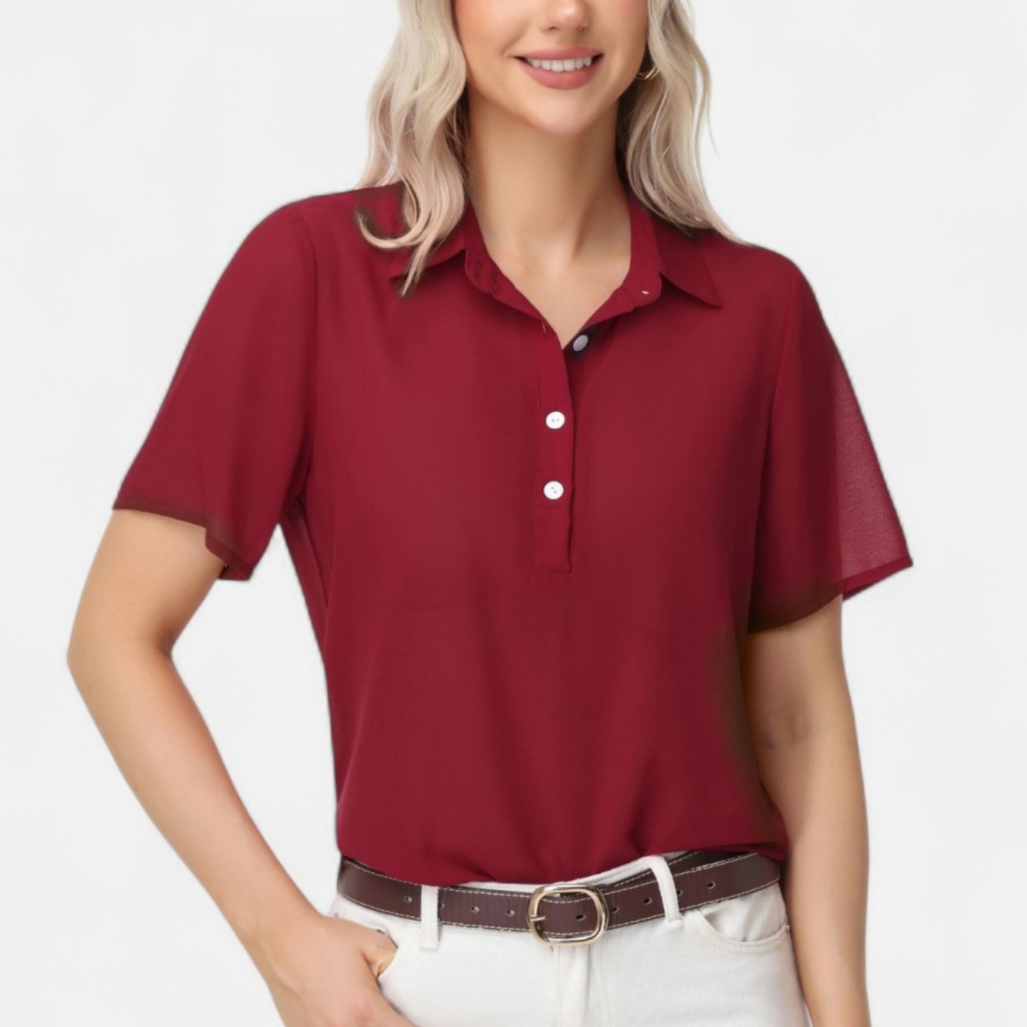 Short Sleeve Collared Blouse with Button Placket and Relaxed Fit Design