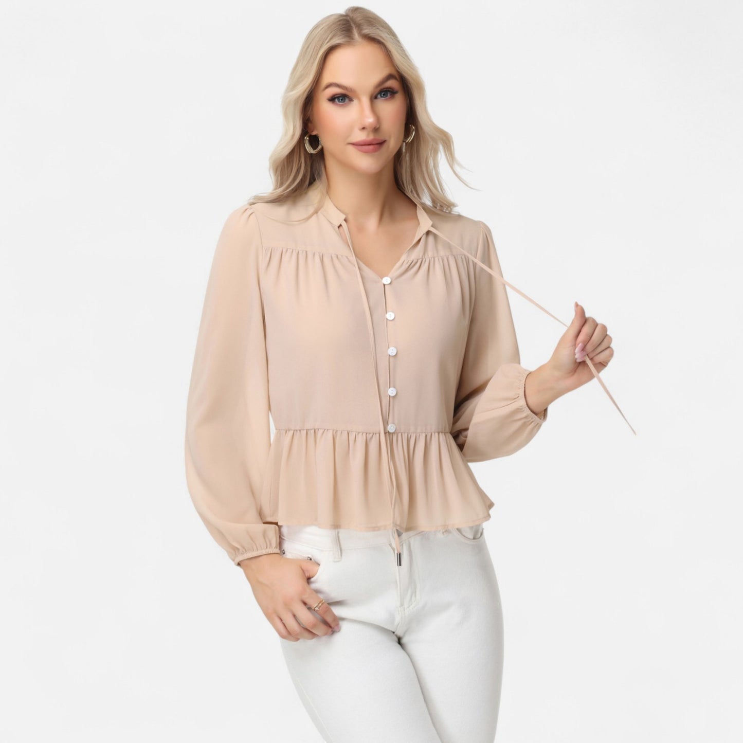 Long Sleeve Button Front Peplum Blouse with V-Neckline and Gathered Waist Detail