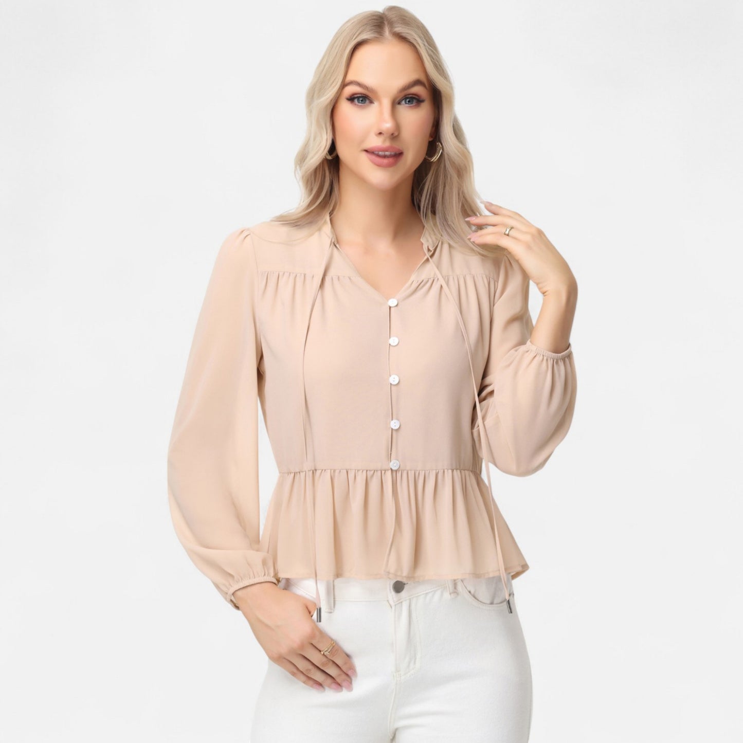 Long Sleeve Button Front Peplum Blouse with V-Neckline and Gathered Waist Detail