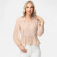 Long Sleeve Button Front Peplum Blouse with V-Neckline and Gathered Waist Detail