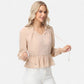 Long Sleeve Button Front Peplum Blouse with V-Neckline and Gathered Waist Detail