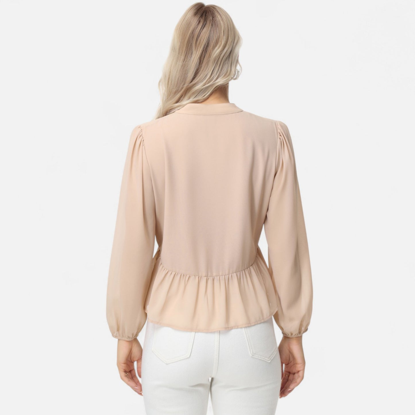 Long Sleeve Button Front Peplum Blouse with V-Neckline and Gathered Waist Detail