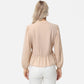 Long Sleeve Button Front Peplum Blouse with V-Neckline and Gathered Waist Detail