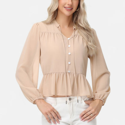 Long Sleeve Button Front Peplum Blouse with V-Neckline and Gathered Waist Detail