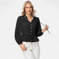 Long Sleeve Button Front Peplum Blouse with V-Neckline and Gathered Waist Detail