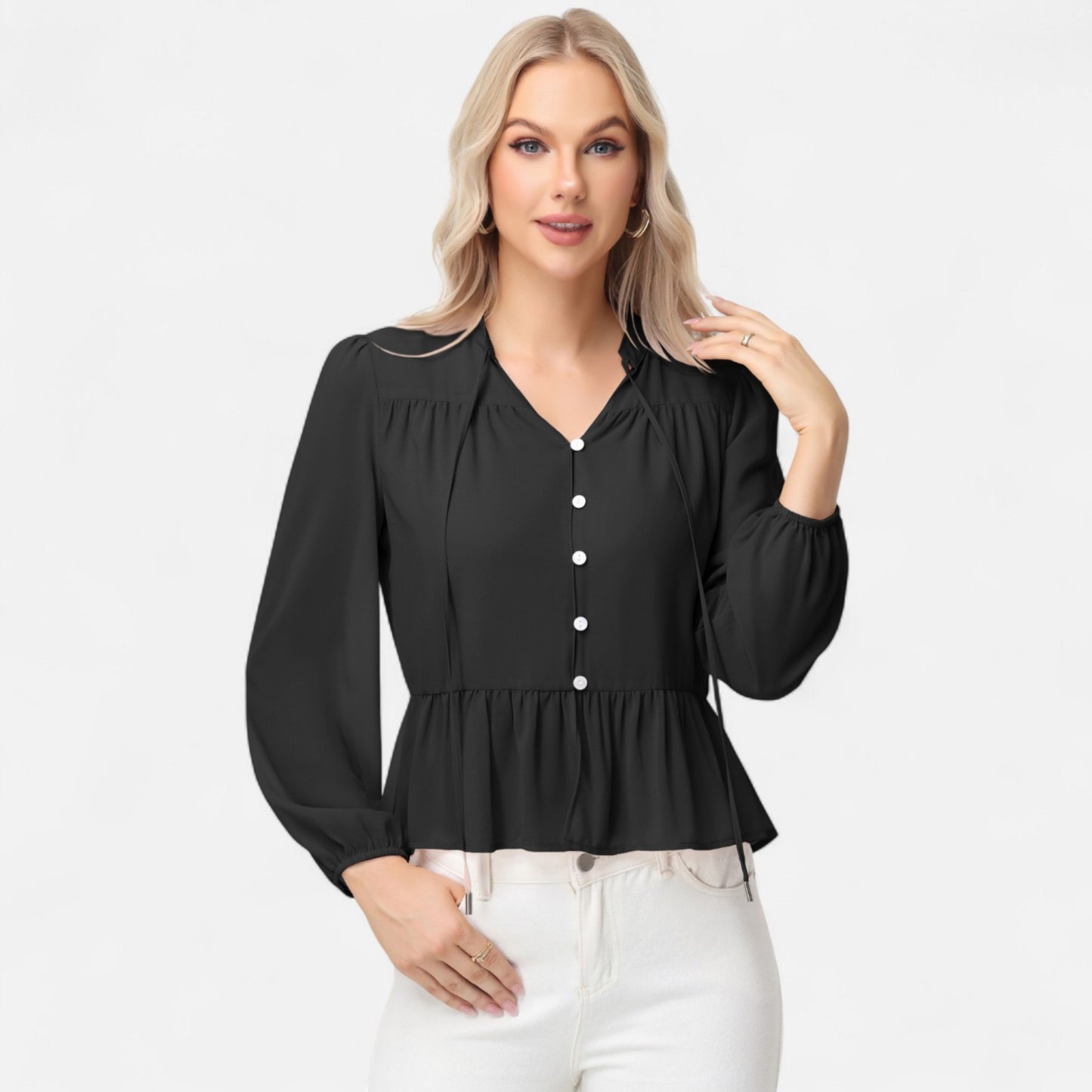 Long Sleeve Button Front Peplum Blouse with V-Neckline and Gathered Waist Detail