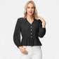 Long Sleeve Button Front Peplum Blouse with V-Neckline and Gathered Waist Detail